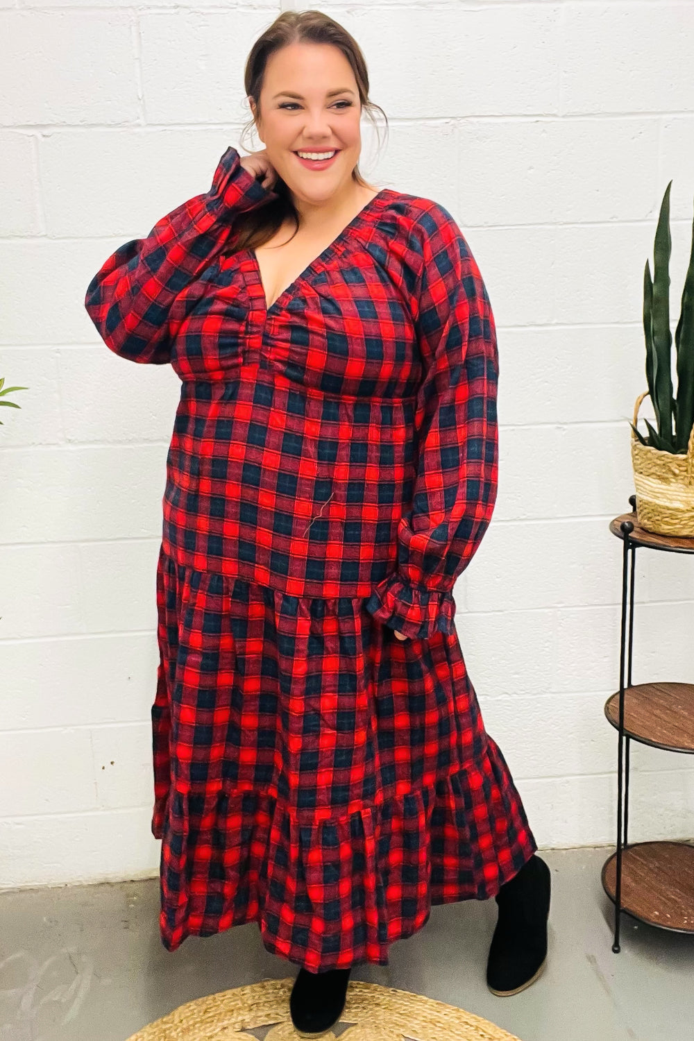 Haptics Holiday Red Plaid Elastic V Neck Tiered Maxi Dress Haptics