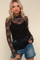 Haptics Black Semi Sheer Lace Long Sleeve Top