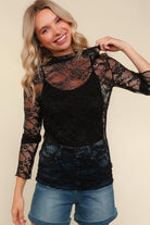 Haptics Black Semi Sheer Lace Long Sleeve Top
