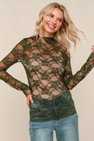Haptics Olive Semi Sheer Lace Long Sleeve Top