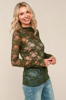 Haptics Olive Semi Sheer Lace Long Sleeve Top