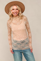 Haptics Tan Semi Sheer Lace Long Sleeve Top