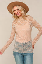 Haptics Tan Semi Sheer Lace Long Sleeve Top