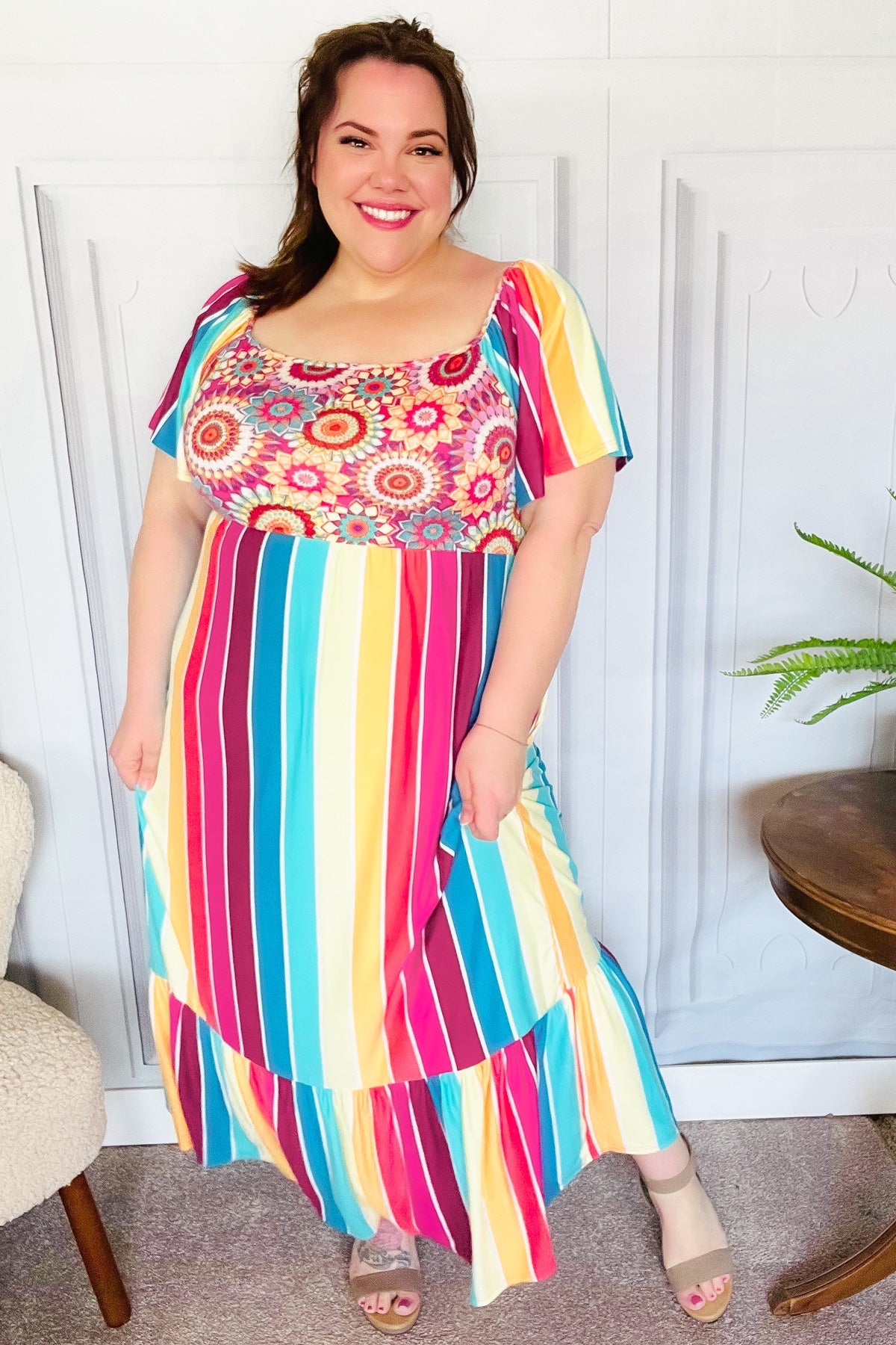 Haptics Feeling Bold Fuchsia & Teal Striped Medallion Crochet Print Dress Final Sale