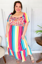 Haptics Feeling Bold Fuchsia & Teal Striped Medallion Crochet Print Dress Final Sale