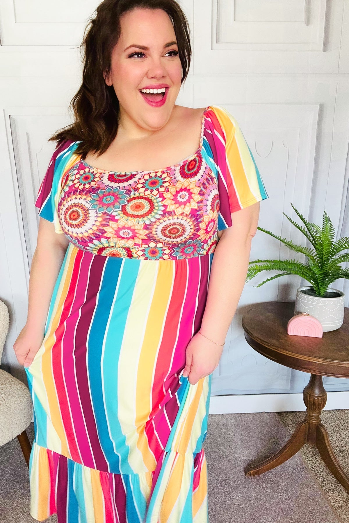 Haptics Feeling Bold Fuchsia & Teal Striped Medallion Crochet Print Dress Final Sale