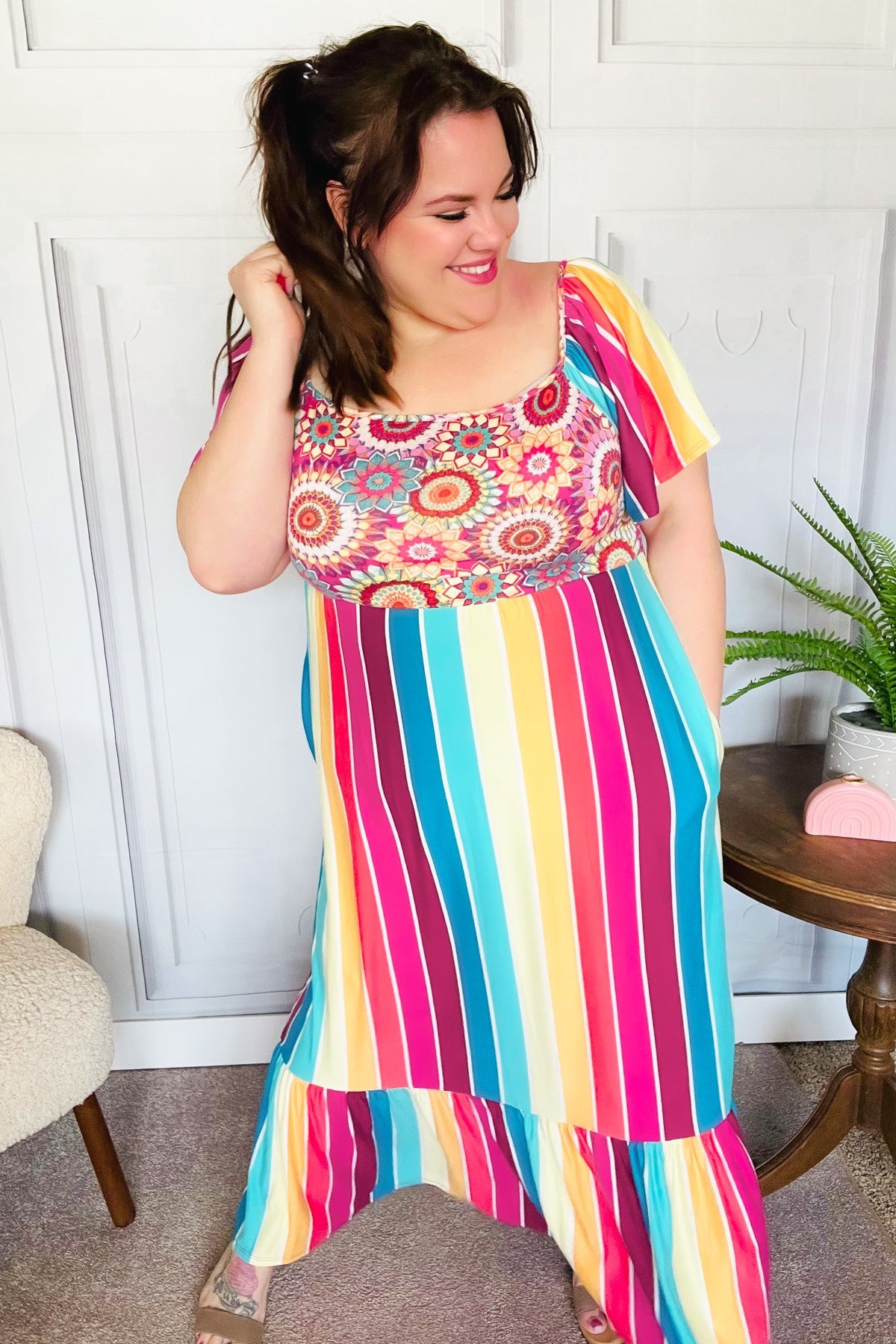 Haptics Feeling Bold Fuchsia & Teal Striped Medallion Crochet Print Dress Final Sale