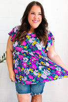 Haptics Perfectly You Navy & Lilac Floral Print Ruffle Sleeve Babydoll Top Haptics