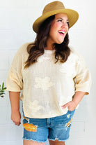 Haptics Feel Charming Oatmeal Floral Netted Crochet 3/4 Sleeve Sweater Top Haptics