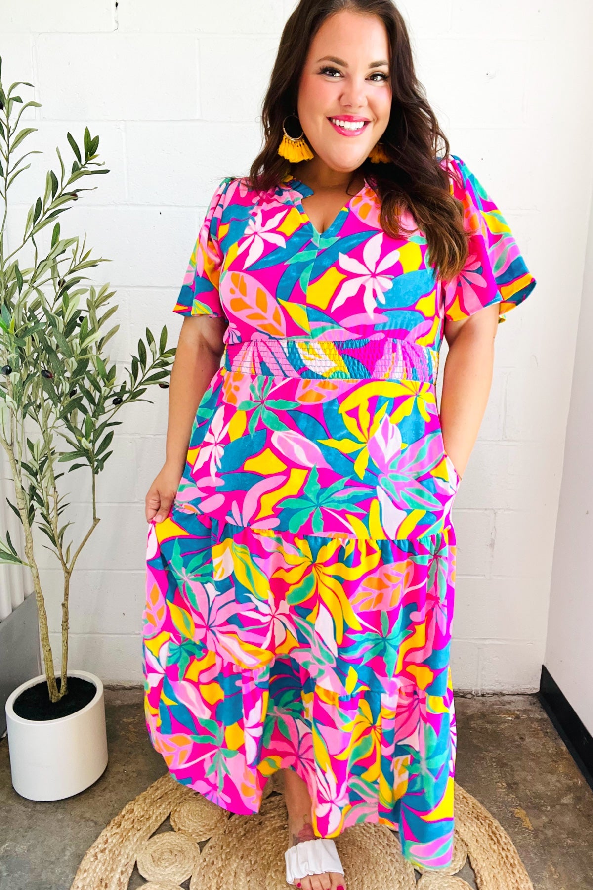 Haptics Tropical Trance Fuchsia Floral Smocked Waist Maxi Dress