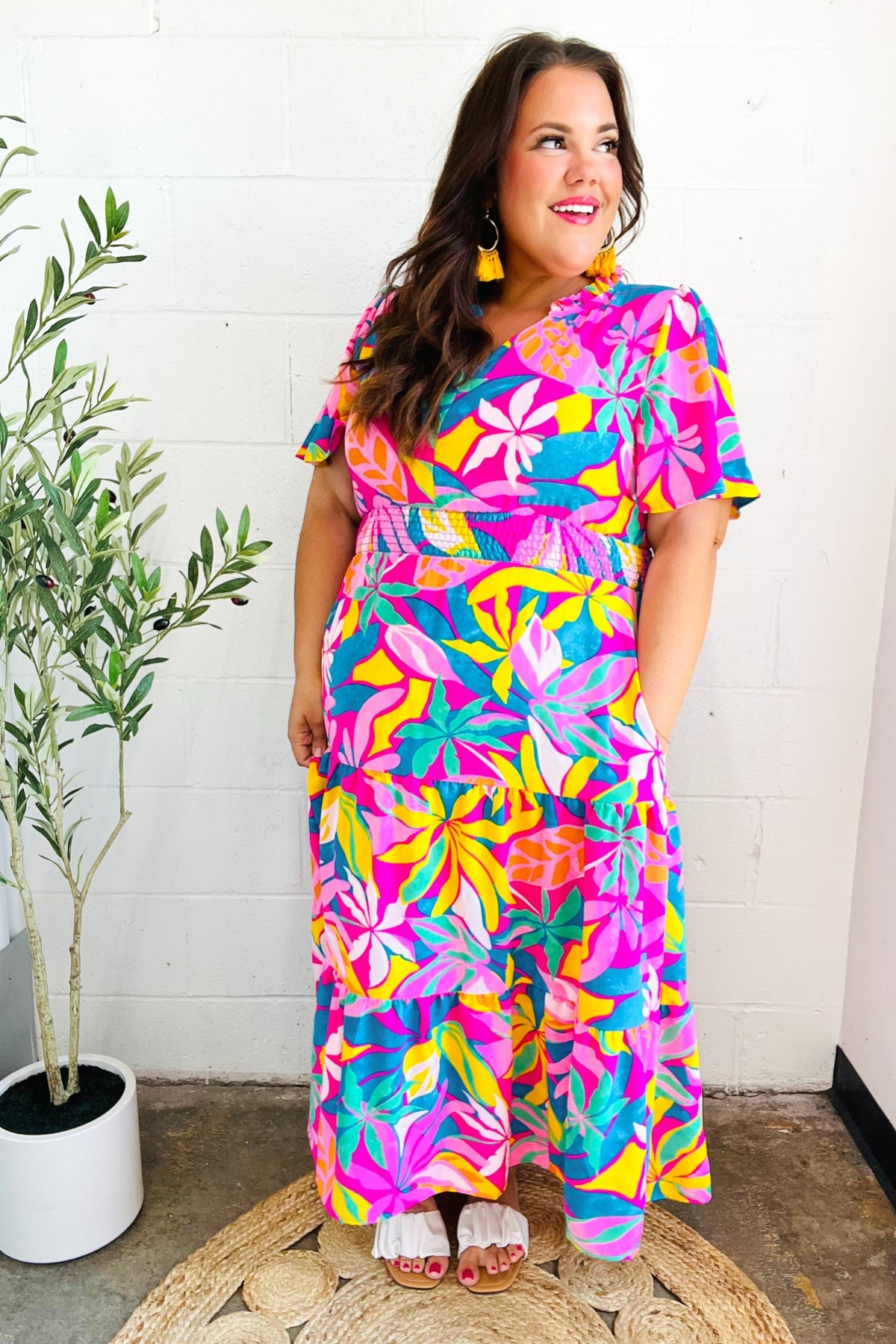Haptics Tropical Trance Fuchsia Floral Smocked Waist Maxi Dress