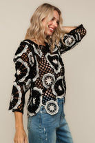 Haptics Black & White Floral Crochet Lace Cover-Up Sweater Top