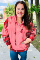 Haptics Marsala Plaid Color Block Zipper French Terry Hoodie