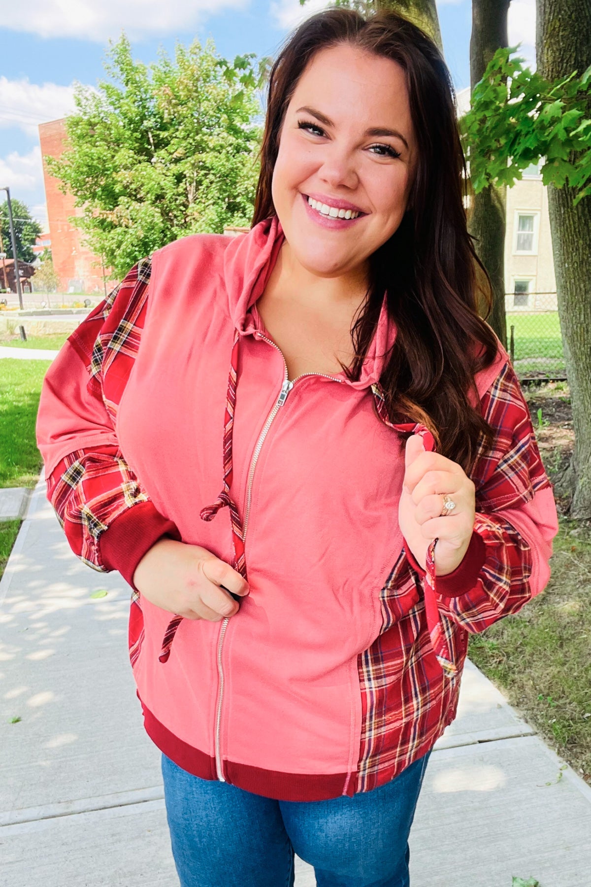 Haptics Marsala Plaid Color Block Zipper French Terry Hoodie