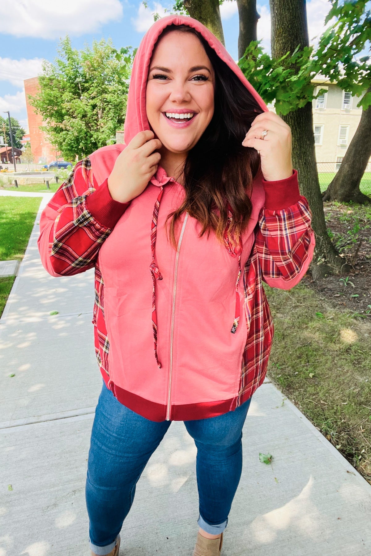 Haptics Marsala Plaid Color Block Zipper French Terry Hoodie