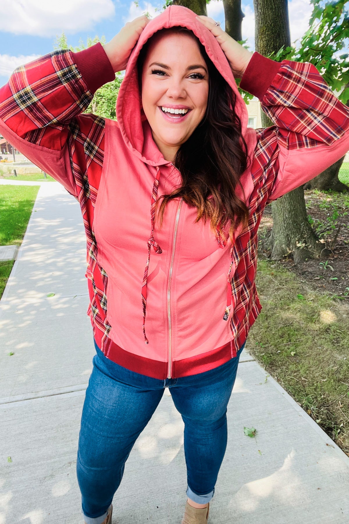 Haptics Marsala Plaid Color Block Zipper French Terry Hoodie