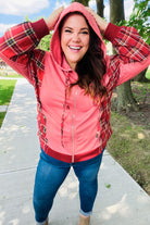 Haptics Marsala Plaid Color Block Zipper French Terry Hoodie