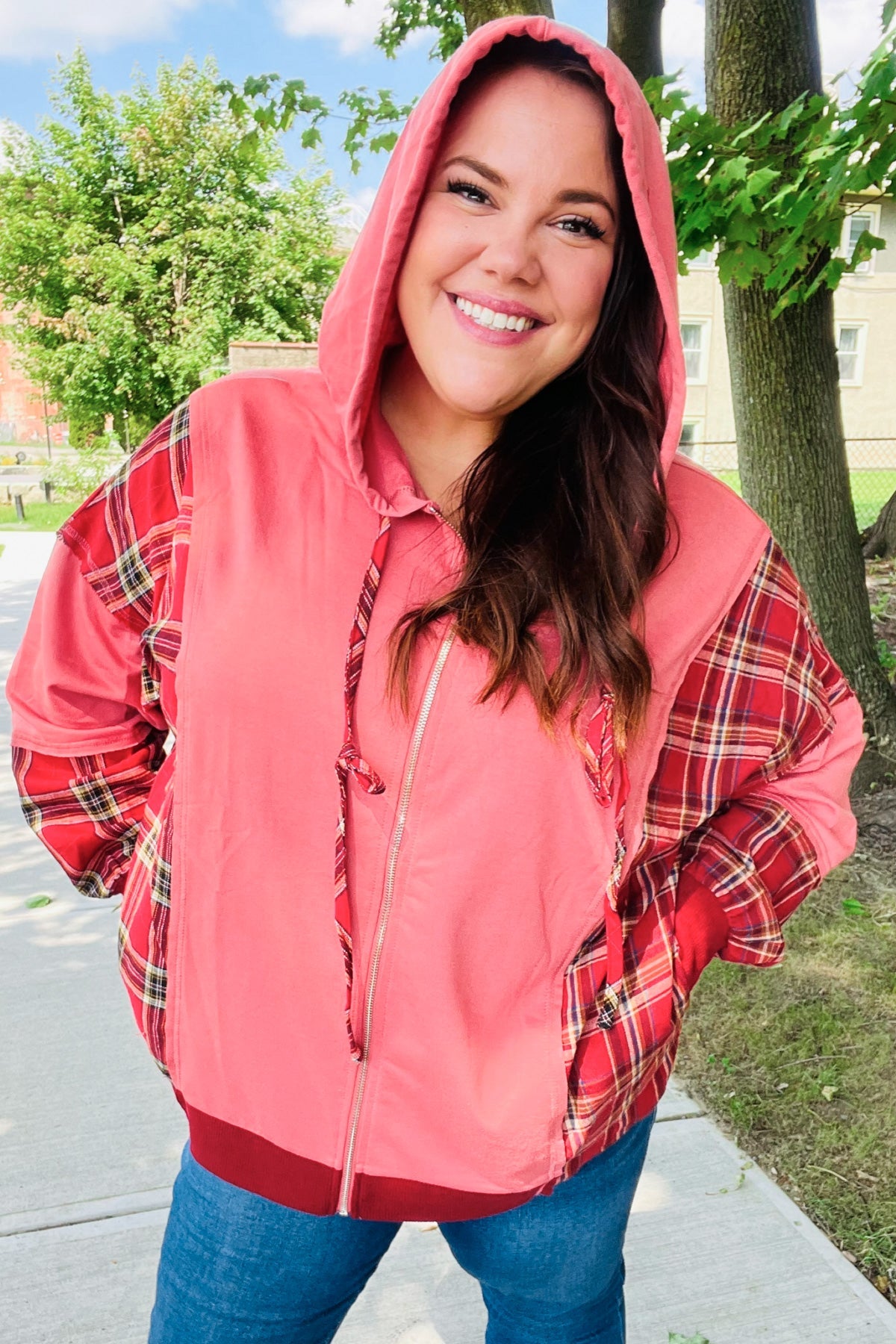 Haptics Marsala Plaid Color Block Zipper French Terry Hoodie