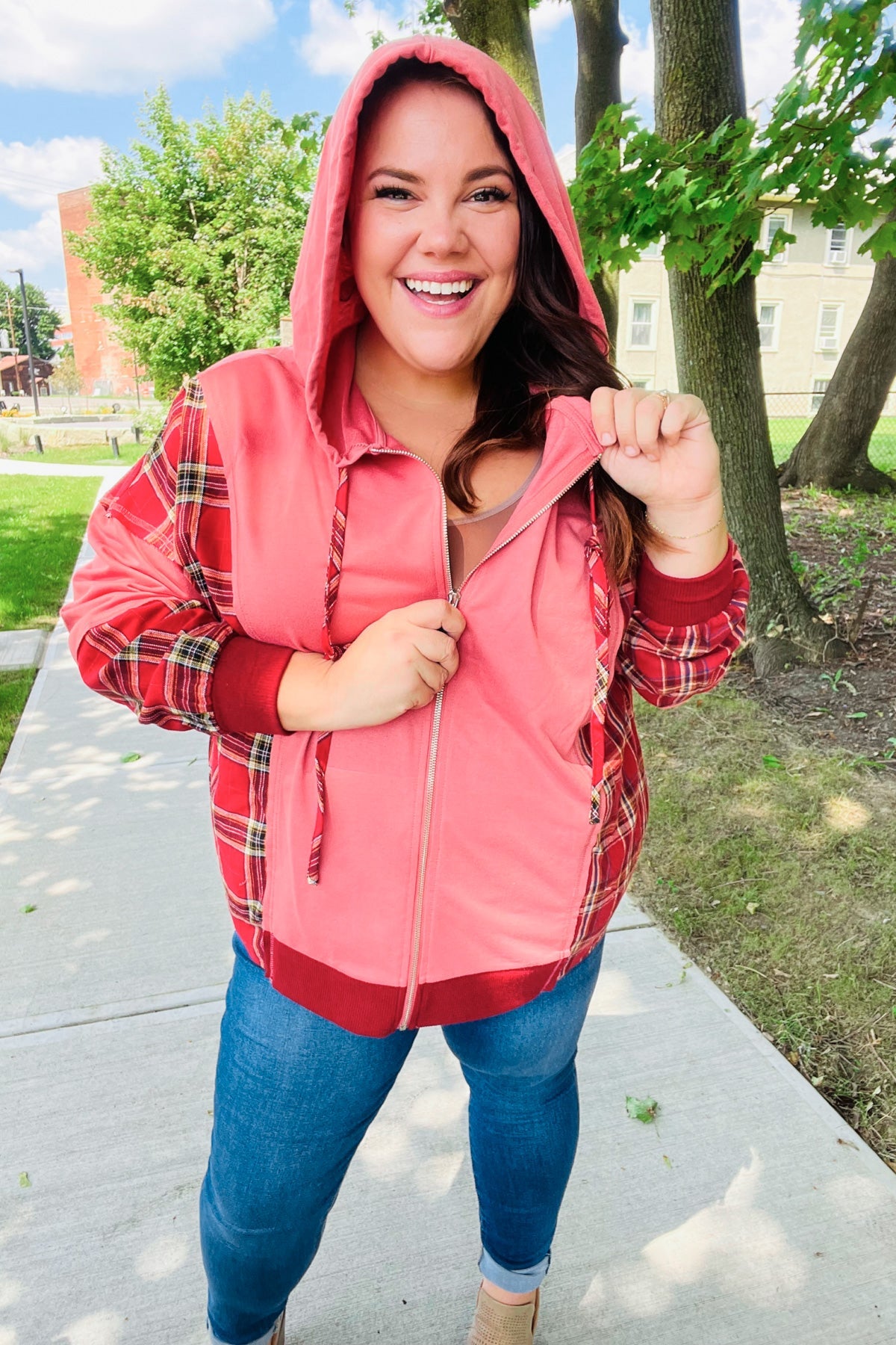 Haptics Marsala Plaid Color Block Zipper French Terry Hoodie