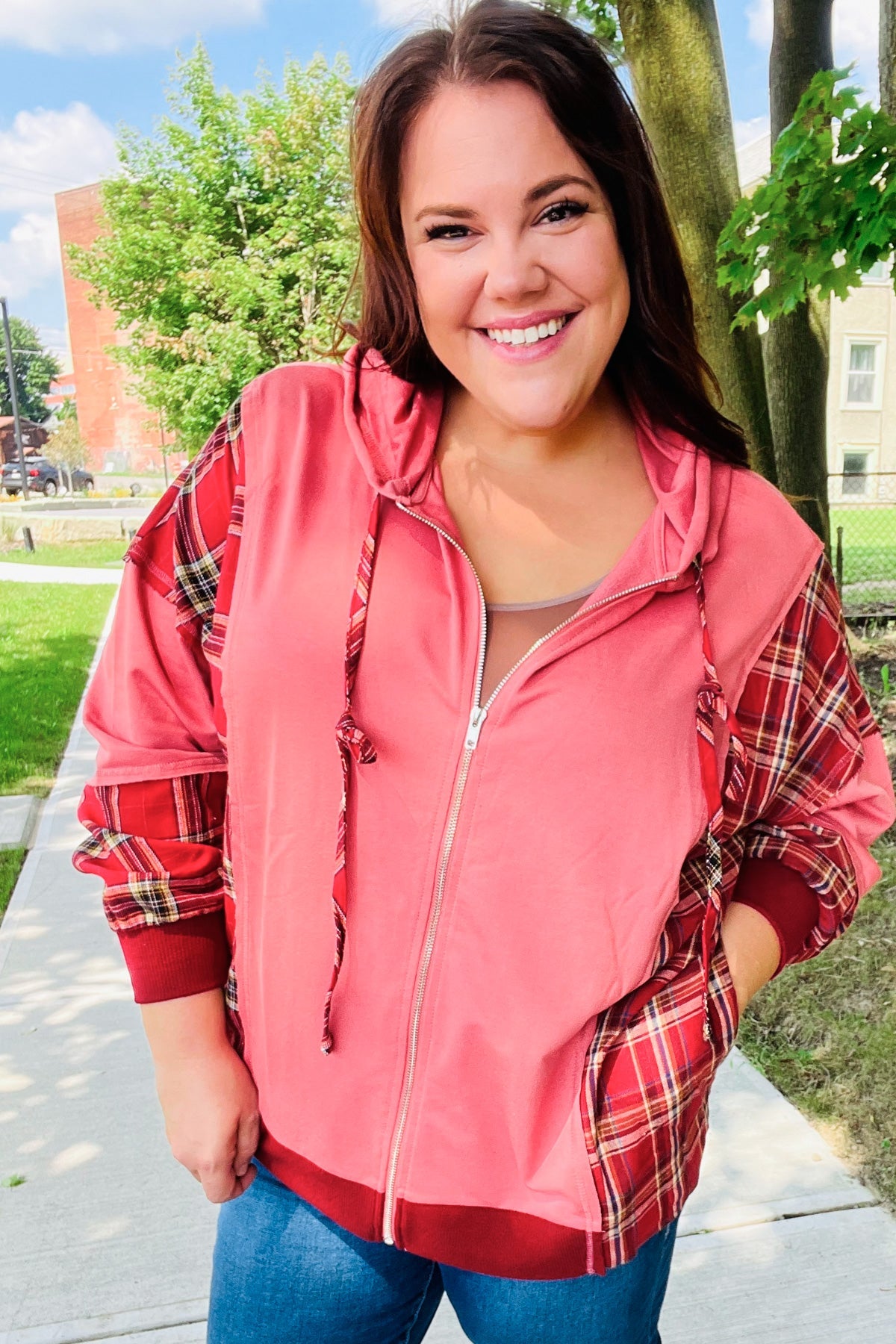 Haptics Marsala Plaid Color Block Zipper French Terry Hoodie