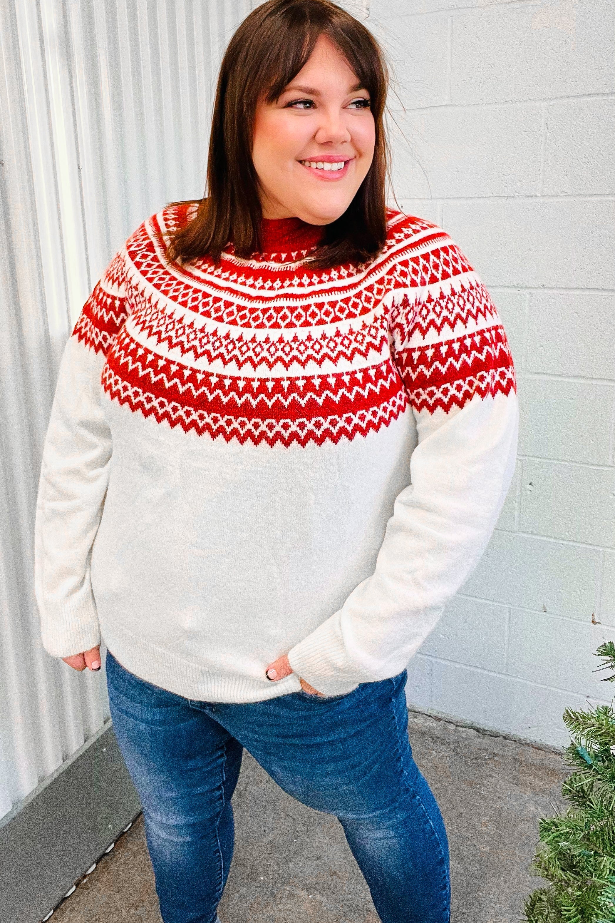 Haptics Feeling Festive Ivory & Red Fair Isle Mock Neck Sweater Haptics