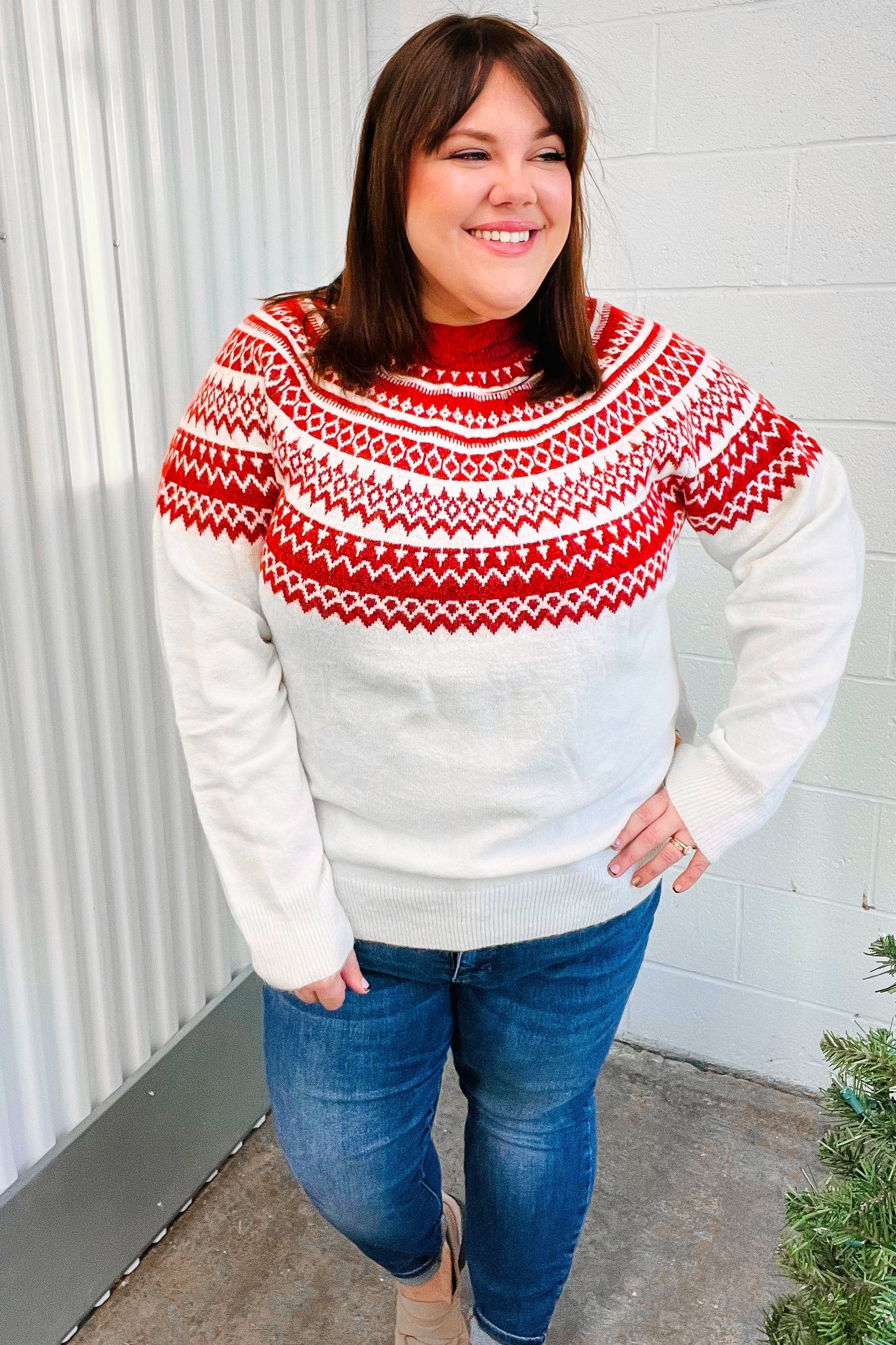 Haptics Feeling Festive Ivory & Red Fair Isle Mock Neck Sweater Haptics