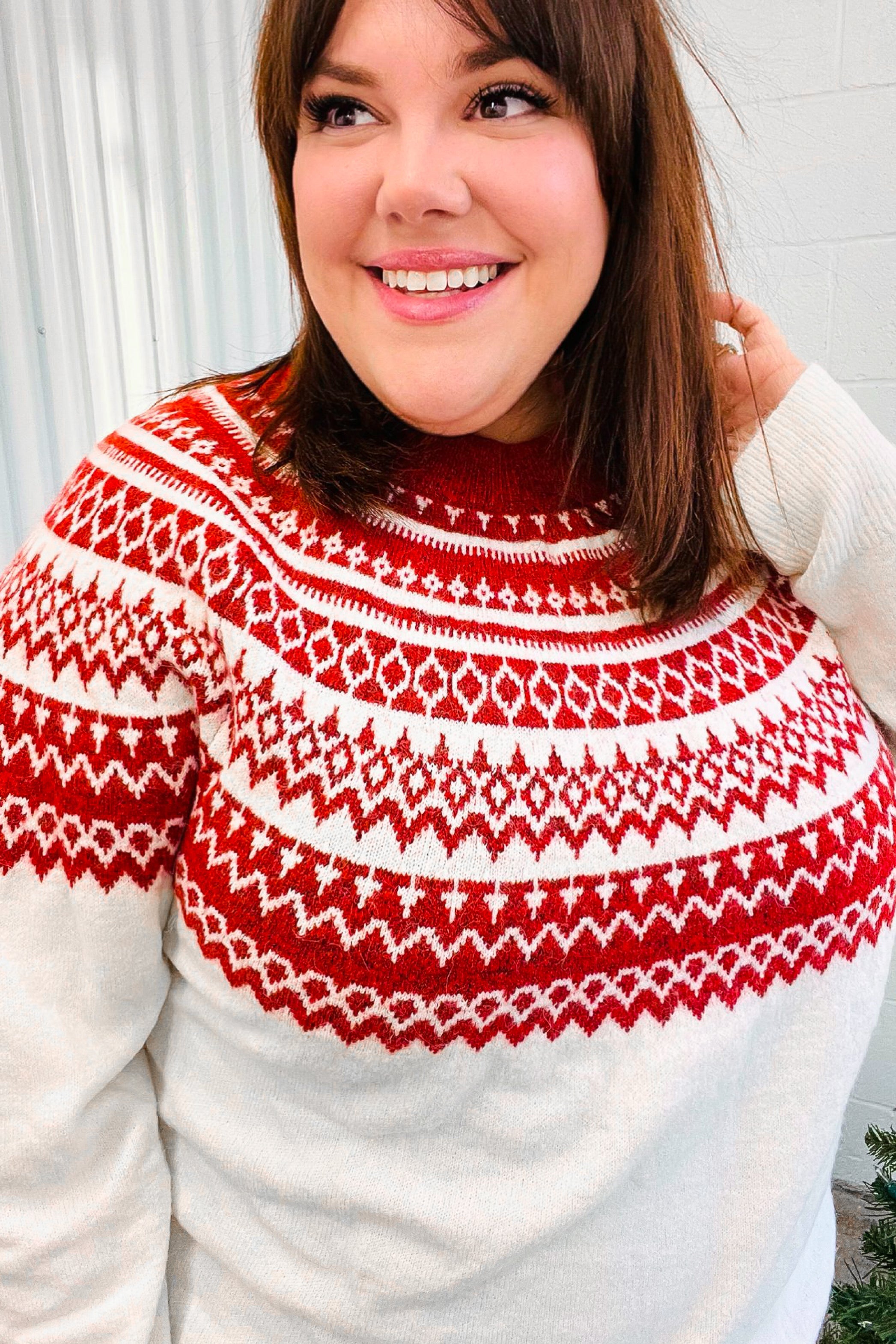 Haptics Feeling Festive Ivory & Red Fair Isle Mock Neck Sweater Haptics