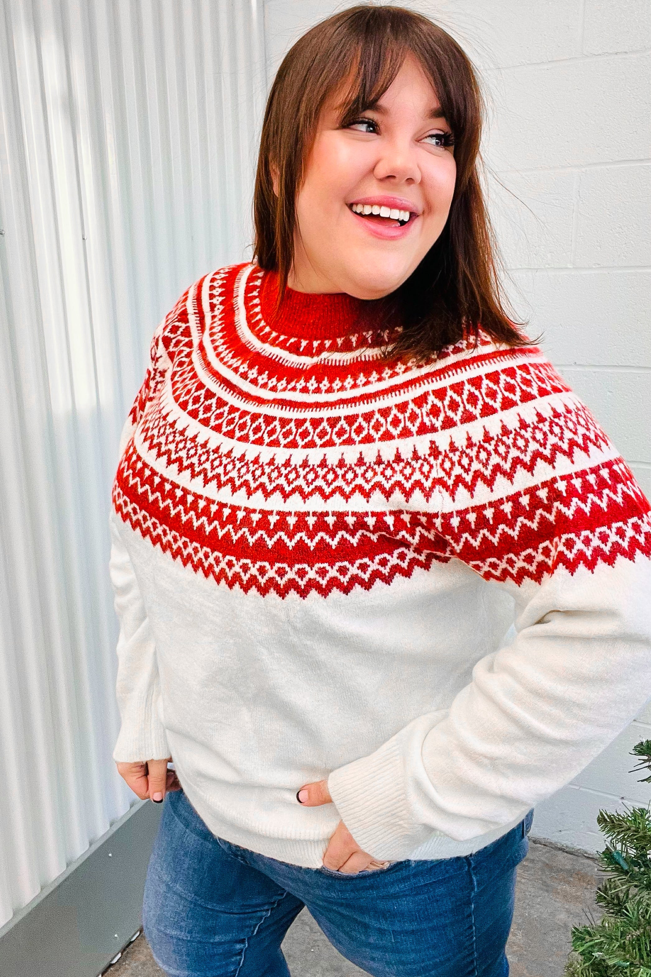 Haptics Feeling Festive Ivory & Red Fair Isle Mock Neck Sweater Haptics