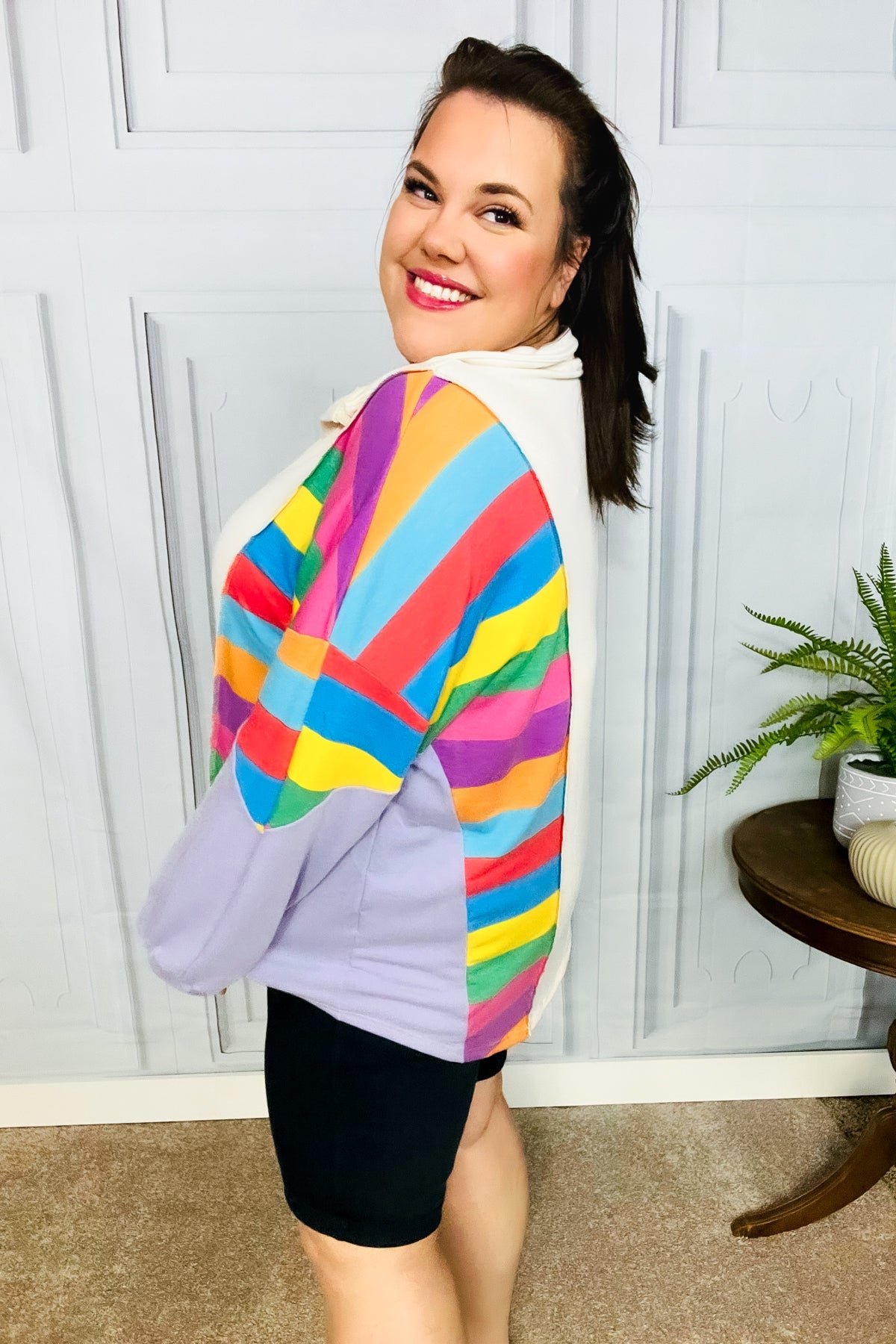 Haptics Feeling Bold Lilac Multicolor Stripe Collared V Neck Pullover Final Sale Haptics