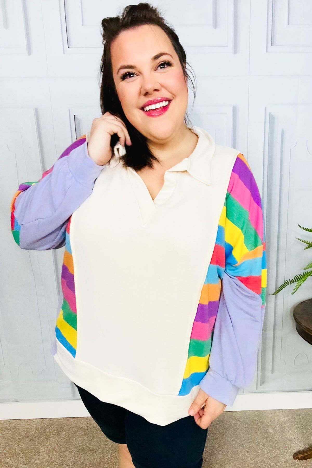 Haptics Feeling Bold Lilac Multicolor Stripe Collared V Neck Pullover Final Sale Haptics