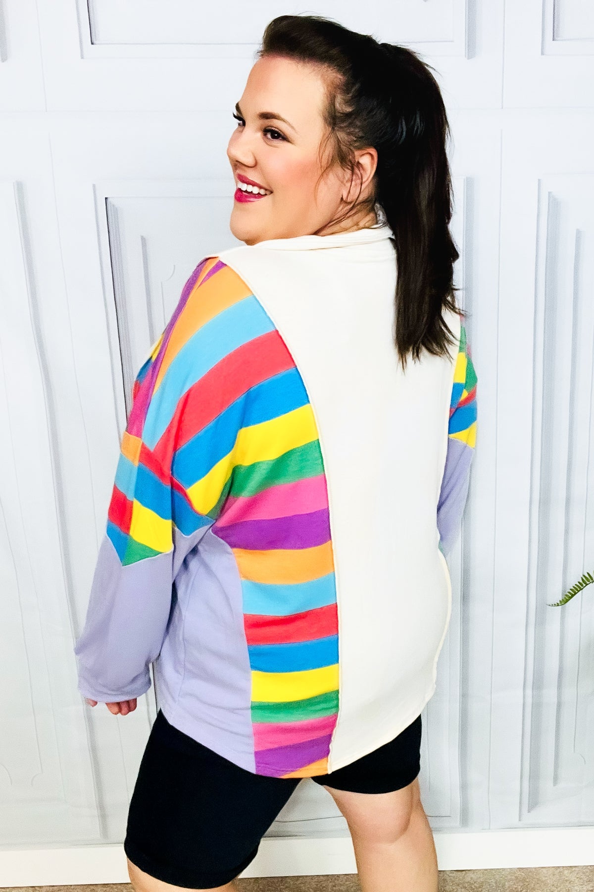 Haptics Feeling Bold Lilac Multicolor Stripe Collared V Neck Pullover Final Sale Haptics