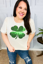 Haptics Saint Patty Sequin Clover French Terry Puff Sleeve Top