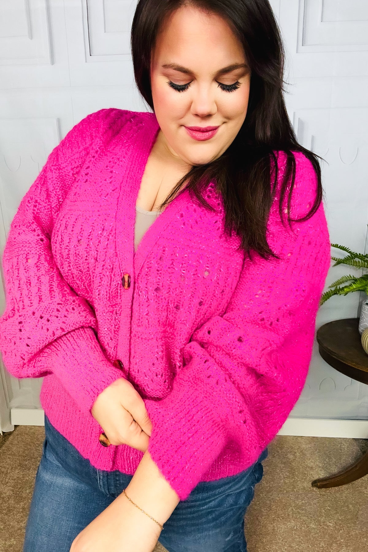 Haptics Pretty In Pink Button Down Pointelle Knit Cardigan Haptics