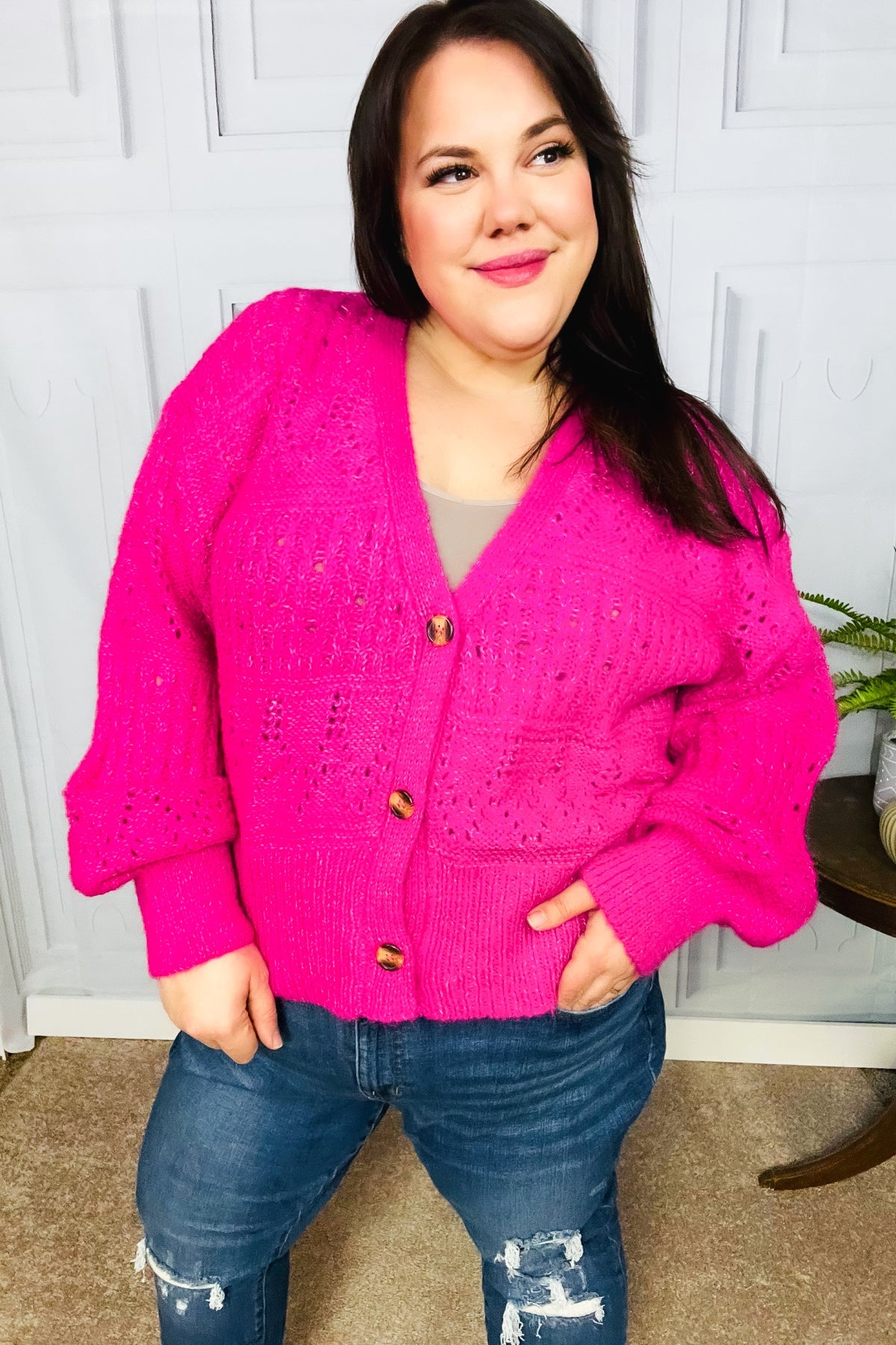 Haptics Pretty In Pink Button Down Pointelle Knit Cardigan Haptics