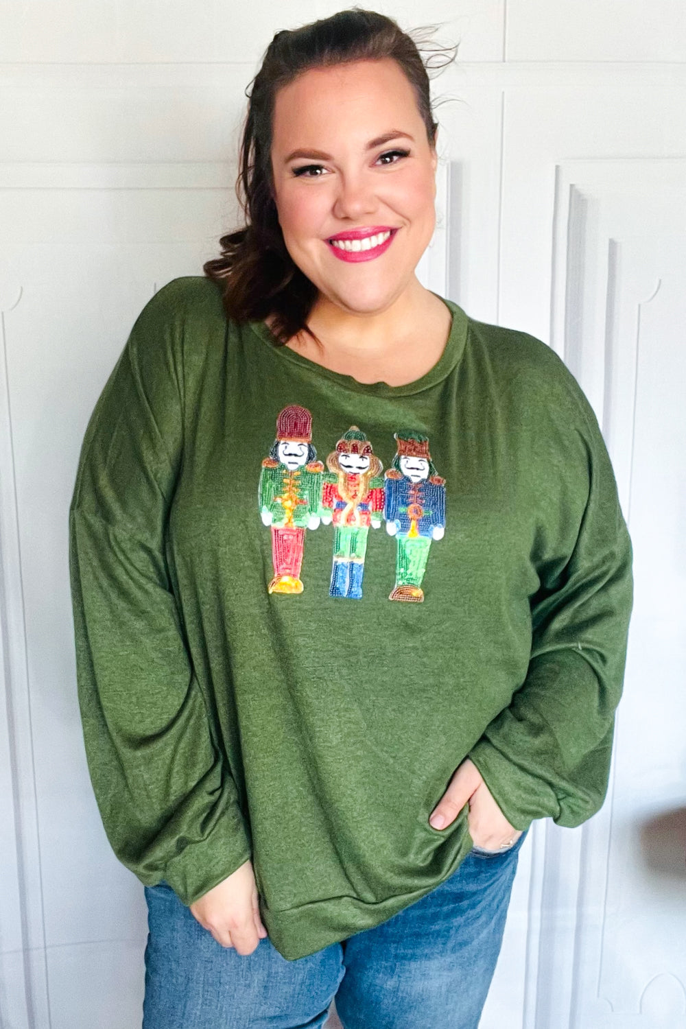Haptics Be Merry Forest Green Nutcracker Sequin Hacci Top Final Sale