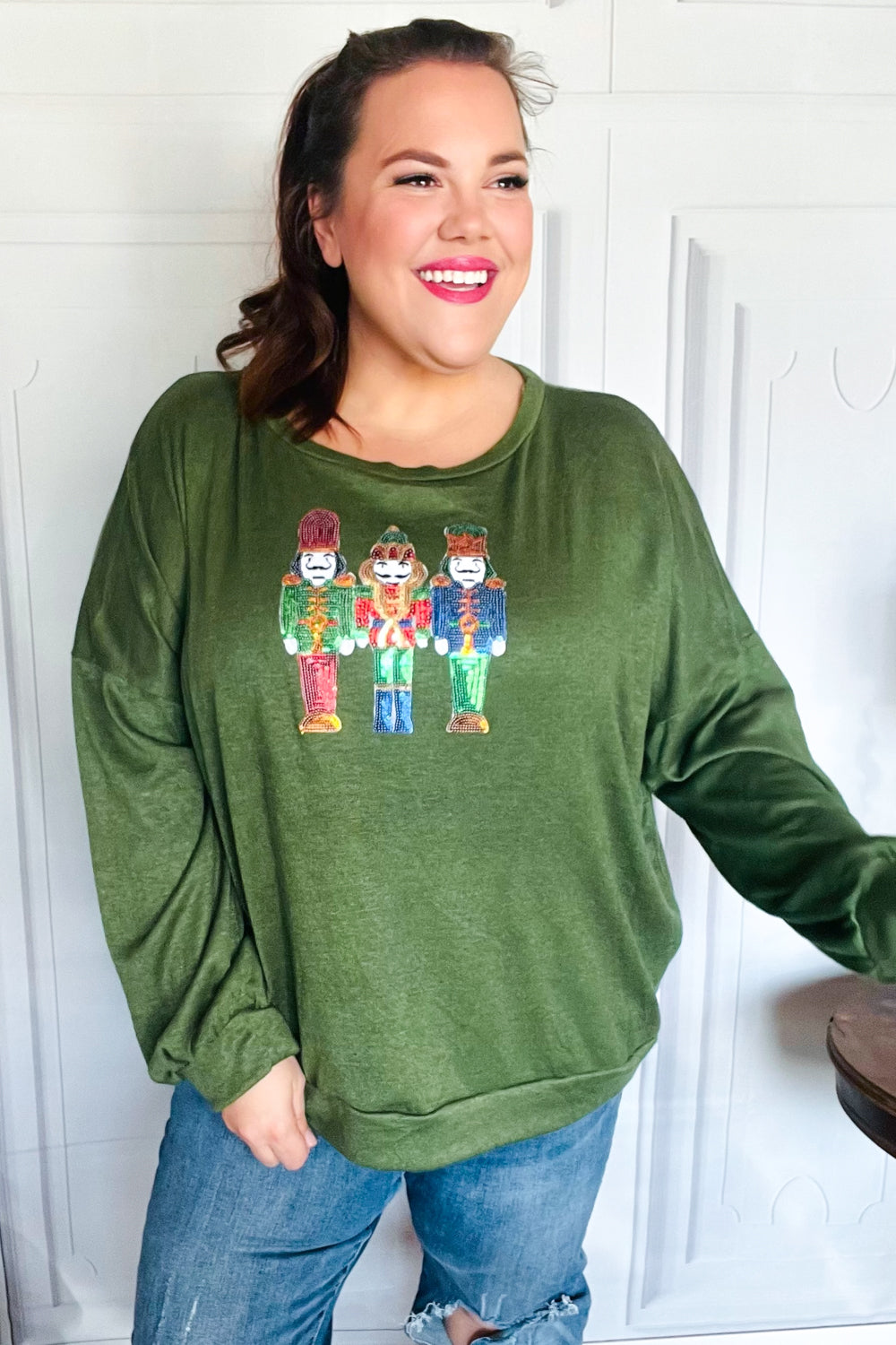 Haptics Be Merry Forest Green Nutcracker Sequin Hacci Top Final Sale