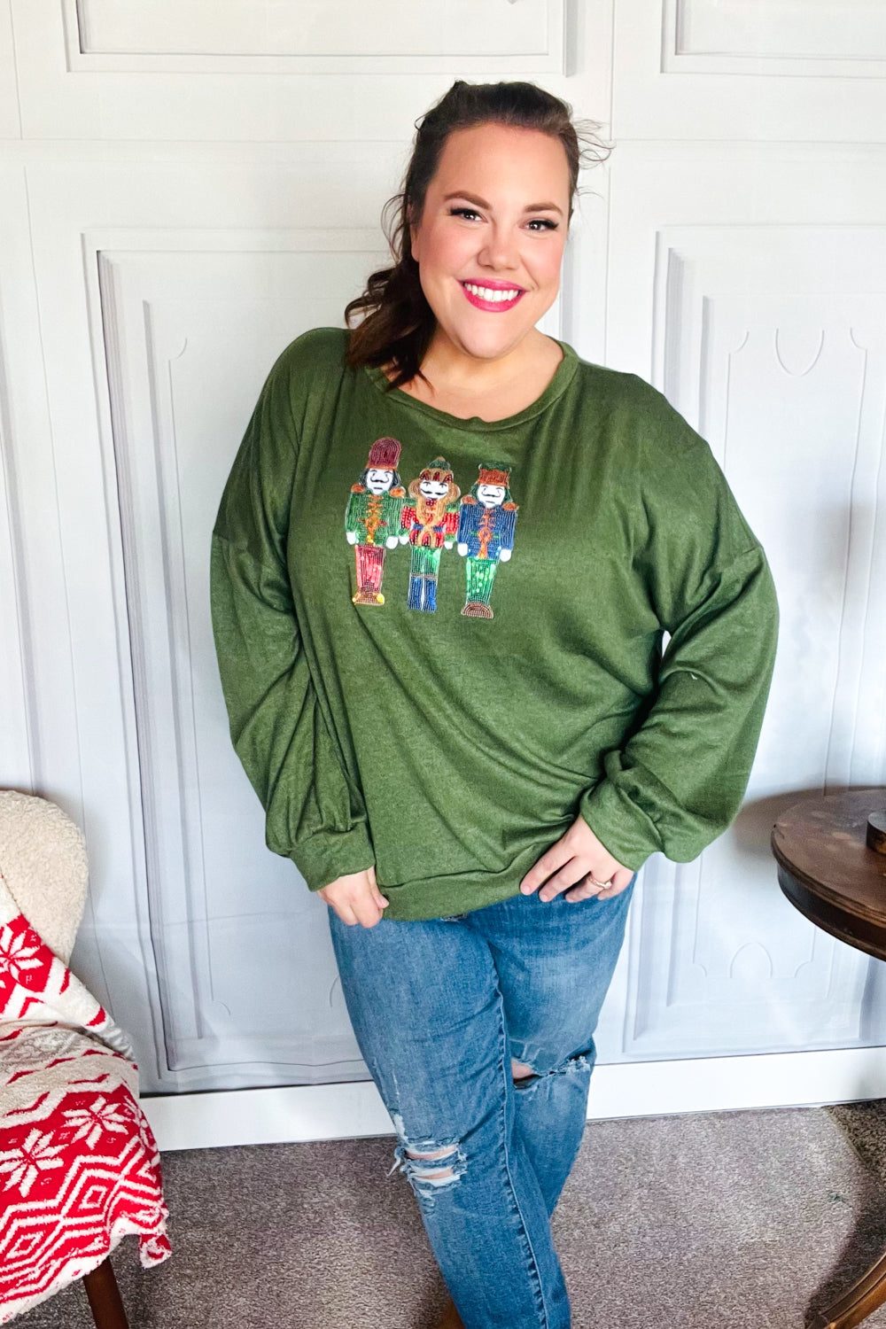 Haptics Be Merry Forest Green Nutcracker Sequin Hacci Top Final Sale