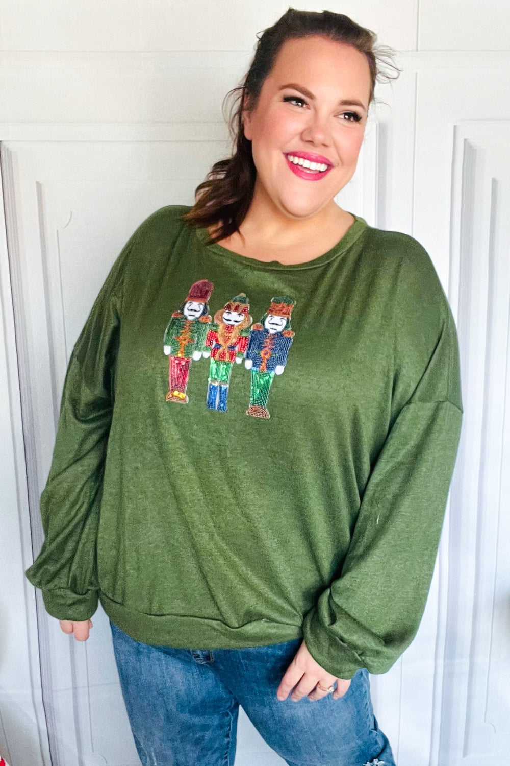 Haptics Be Merry Forest Green Nutcracker Sequin Hacci Top Final Sale