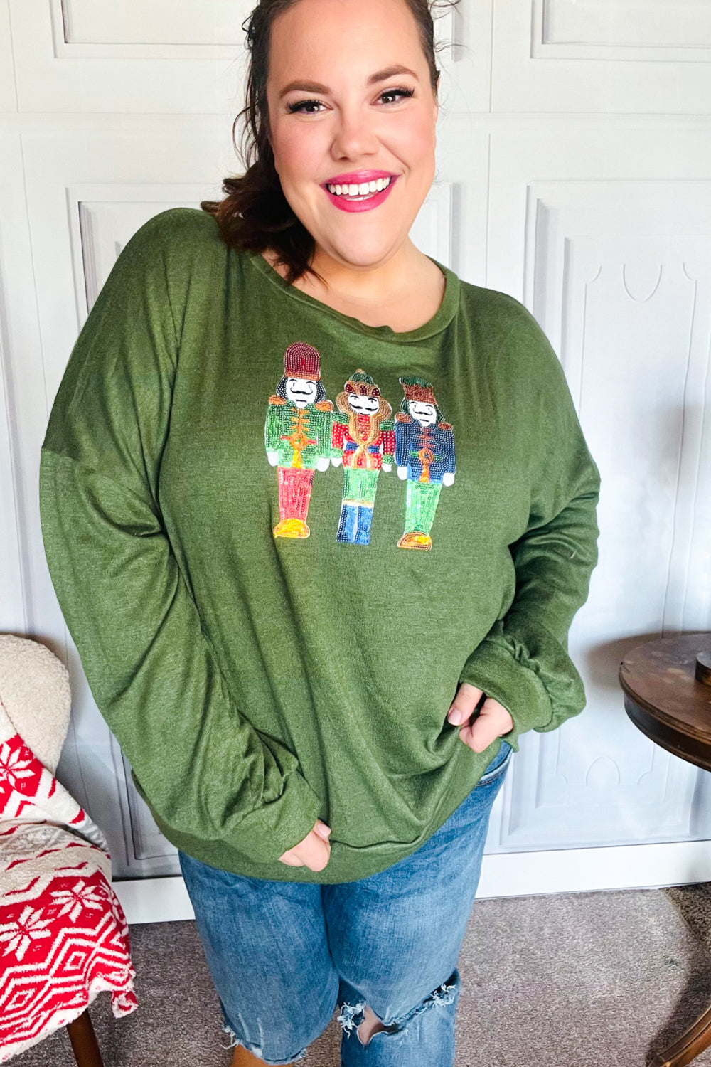 Haptics Be Merry Forest Green Nutcracker Sequin Hacci Top Final Sale