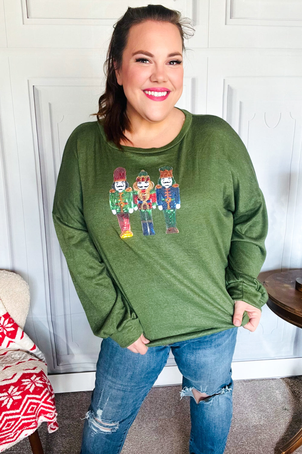 Haptics Be Merry Forest Green Nutcracker Sequin Hacci Top Final Sale