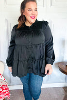 Haptics Perfectly You Black Button Down Tiered Babydoll Satin Top Final Sale