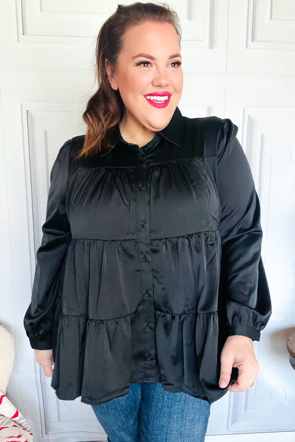 Haptics Perfectly You Black Button Down Tiered Babydoll Satin Top Final Sale