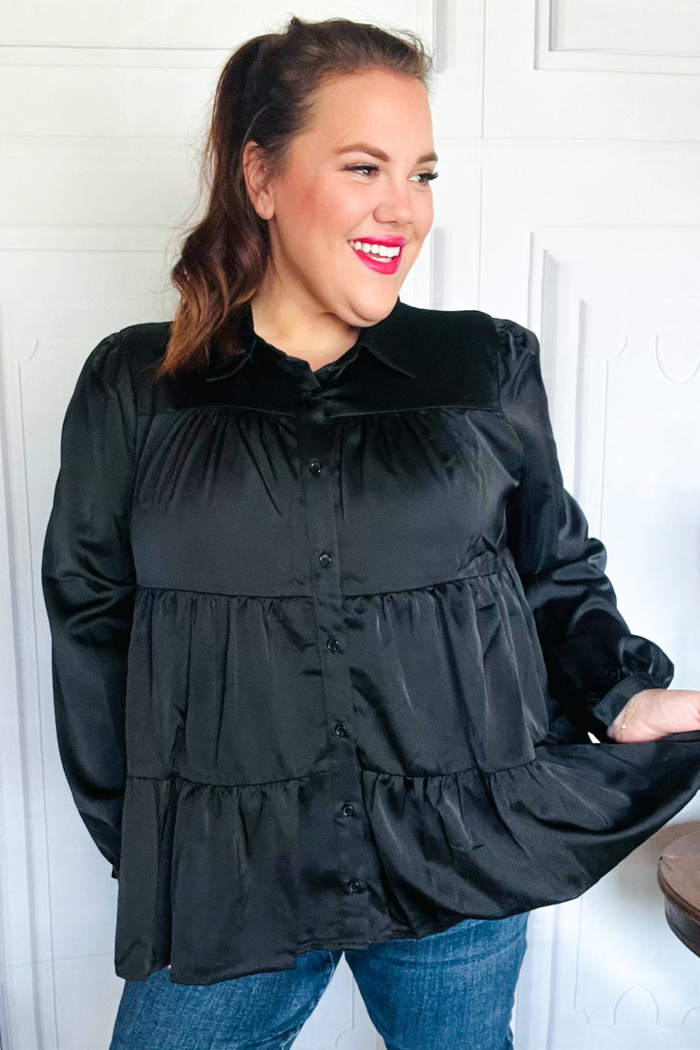 Haptics Perfectly You Black Button Down Tiered Babydoll Satin Top Final Sale