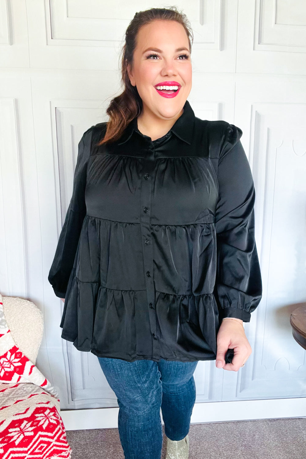 Haptics Perfectly You Black Button Down Tiered Babydoll Satin Top Final Sale