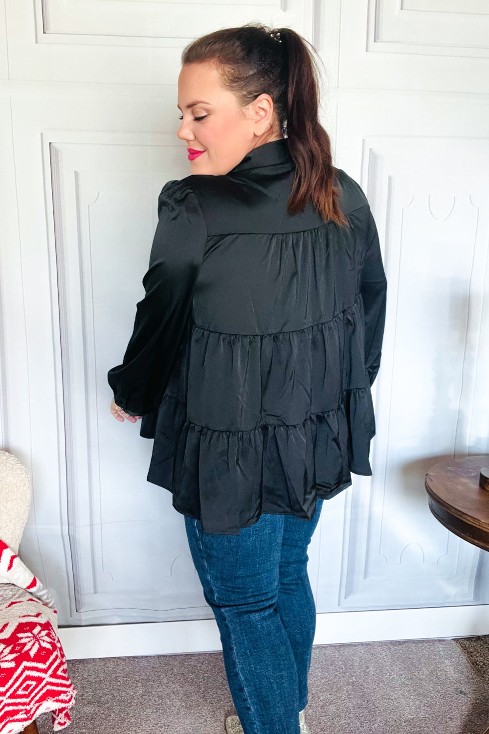 Haptics Perfectly You Black Button Down Tiered Babydoll Satin Top Final Sale