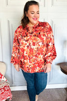 Haptics Rust Floral Print Notched Neck Smocked Satin Blouse 2024 Blow-Out Sale