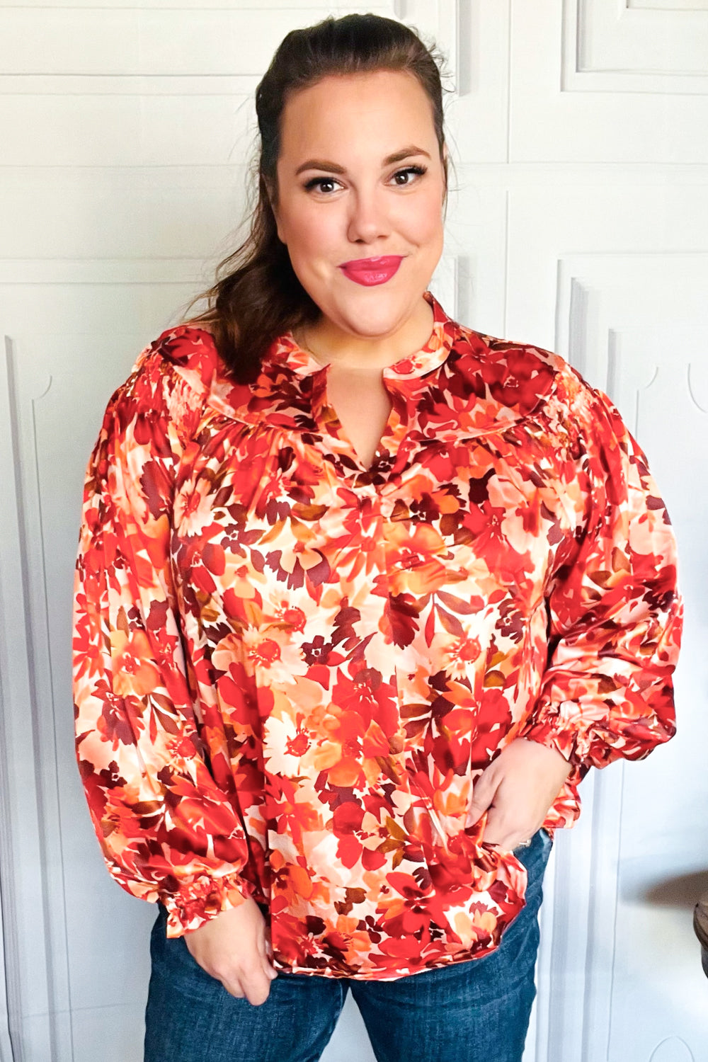 Haptics Rust Floral Print Notched Neck Smocked Satin Blouse 2024 Blow-Out Sale