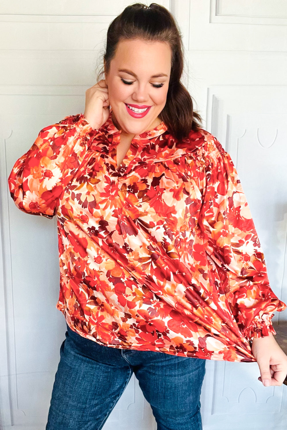 Haptics Rust Floral Print Notched Neck Smocked Satin Blouse 2024 Blow-Out Sale