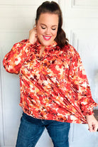 Haptics Rust Floral Print Notched Neck Smocked Satin Blouse 2024 Blow-Out Sale