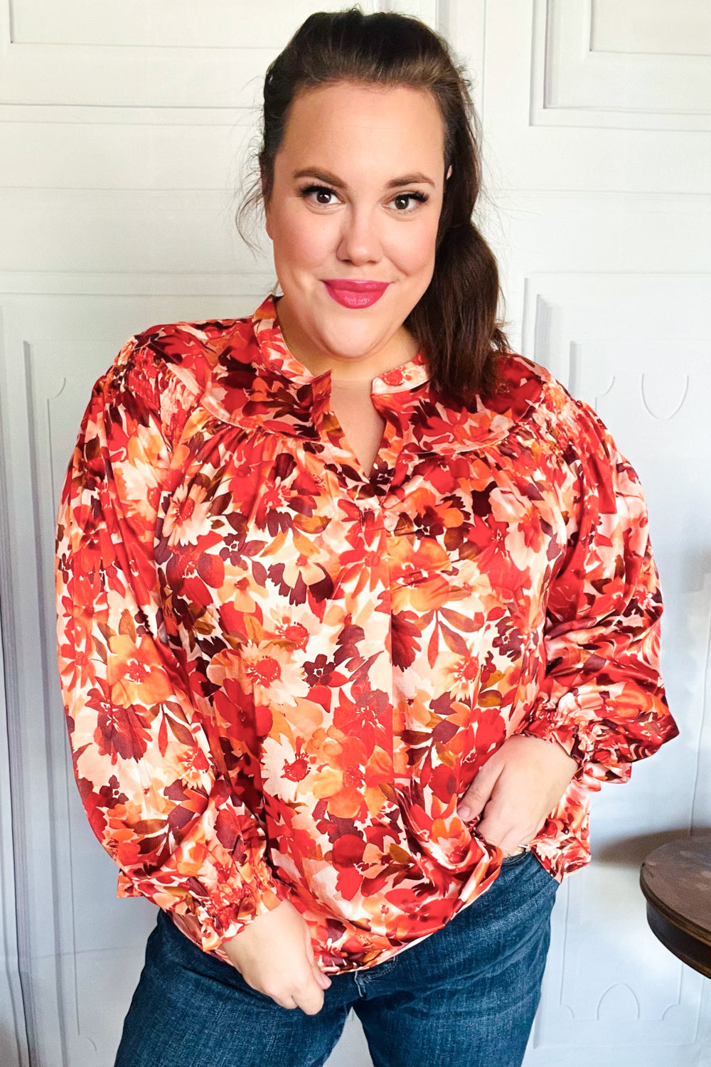 Haptics Rust Floral Print Notched Neck Smocked Satin Blouse 2024 Blow-Out Sale